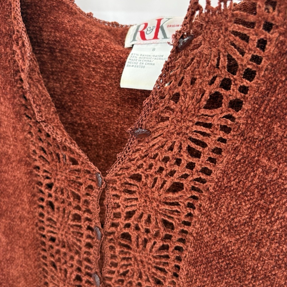 Vtg R&K Originals Red Chenille Cardigan Intricate Crochet Detail Size 8 - Picture 3 of 6